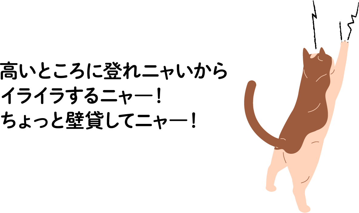 高いところに上れニャいからイライラするニャー！ちょっと壁貸してニャー！